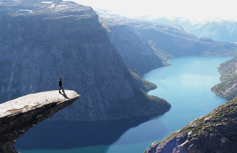 Trolltunga, a piece of rock that stands horizontally out of the mountain above Skjeggedal in Odda, Norway